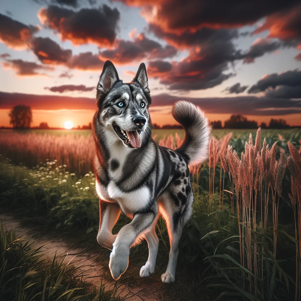 catahoula husky mix in sunset