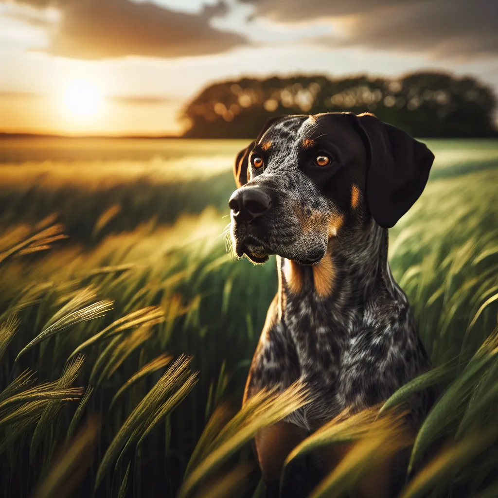 A full-grown Catahoula Leopard Dog standing in a field