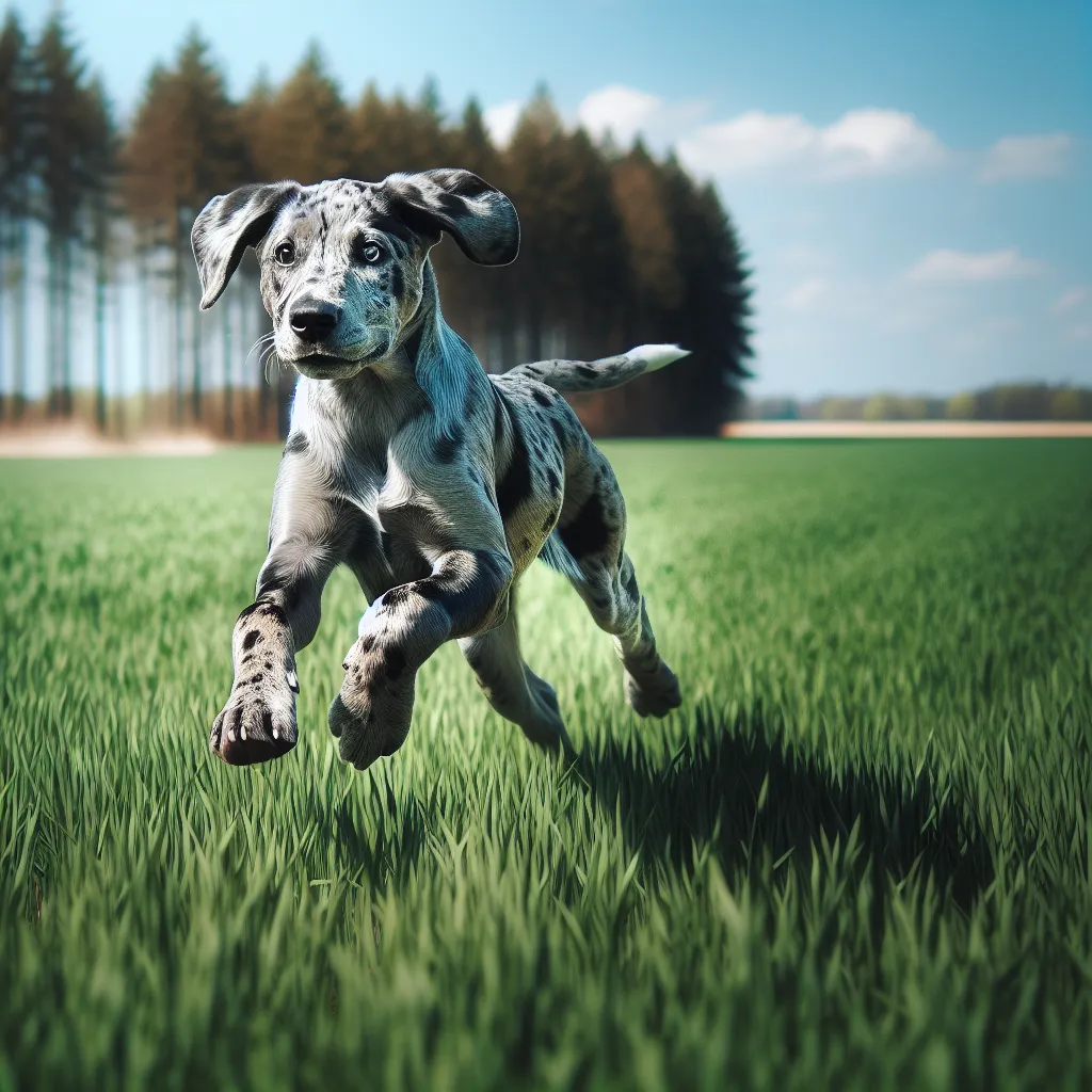 Catahoula Leopard Dog running in a field