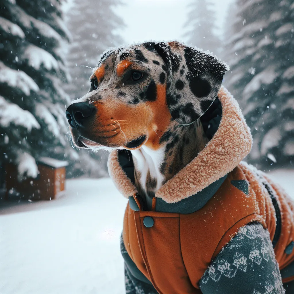 catahoula leopard dog in coat in the cold