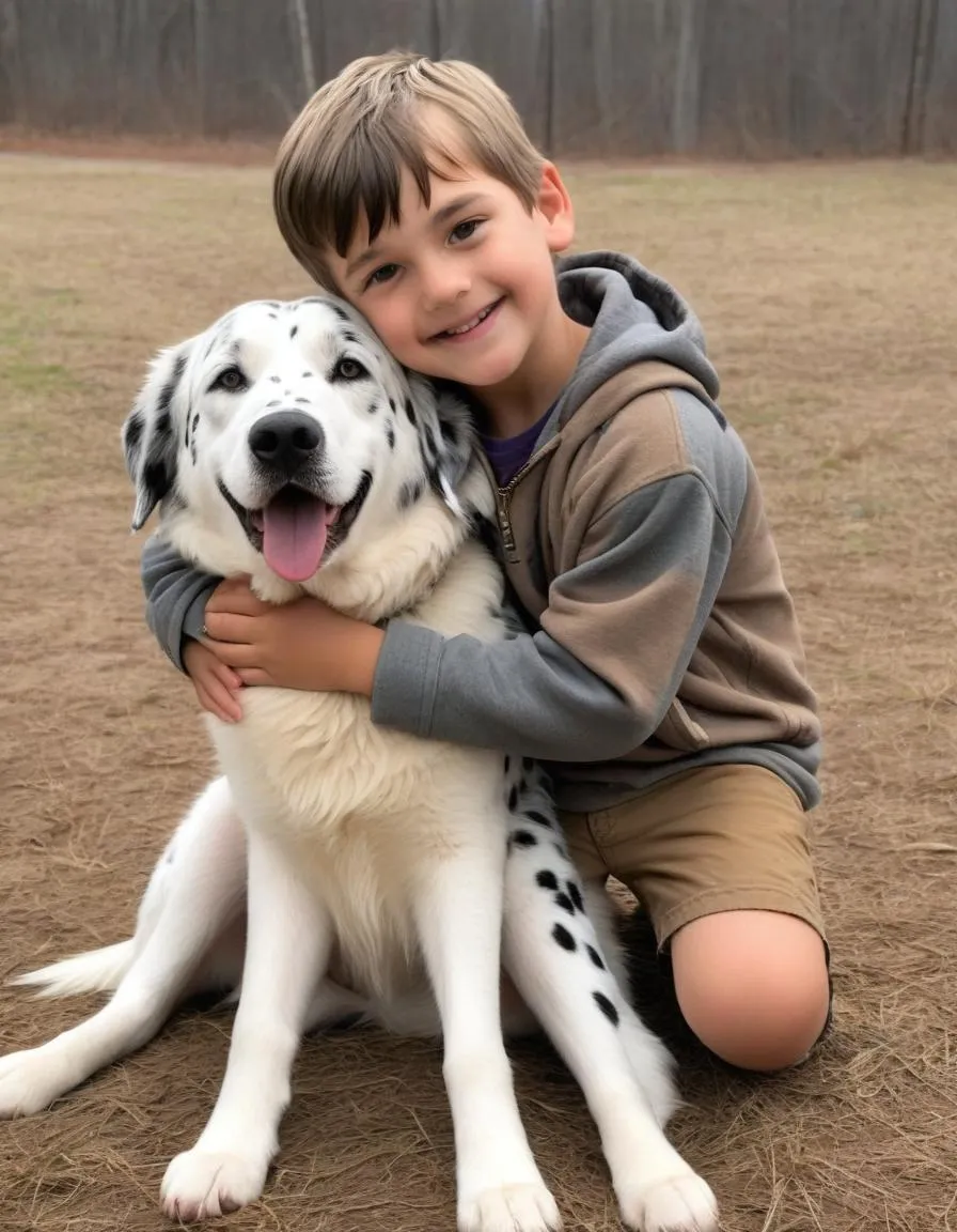 kid hugging Catahoula Leopard Dog and Great Pyrene mix